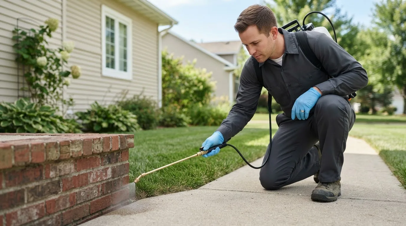 Pest control technician treating a home near Marshallville, OH