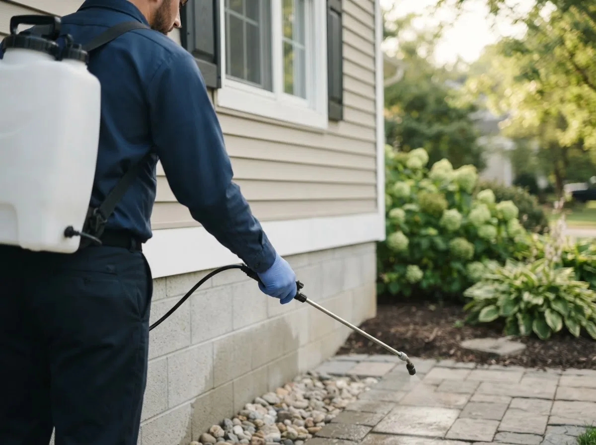 Pest control technician inspecting a home in Marshallville, OH